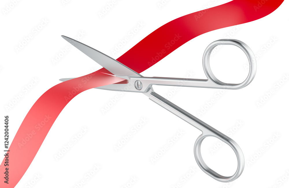 Scissors cutting red silk ribbon, 3D rendering isolated on transparent background Scissors cutting red silk ribbon, 3D rendering isolated on transparent background