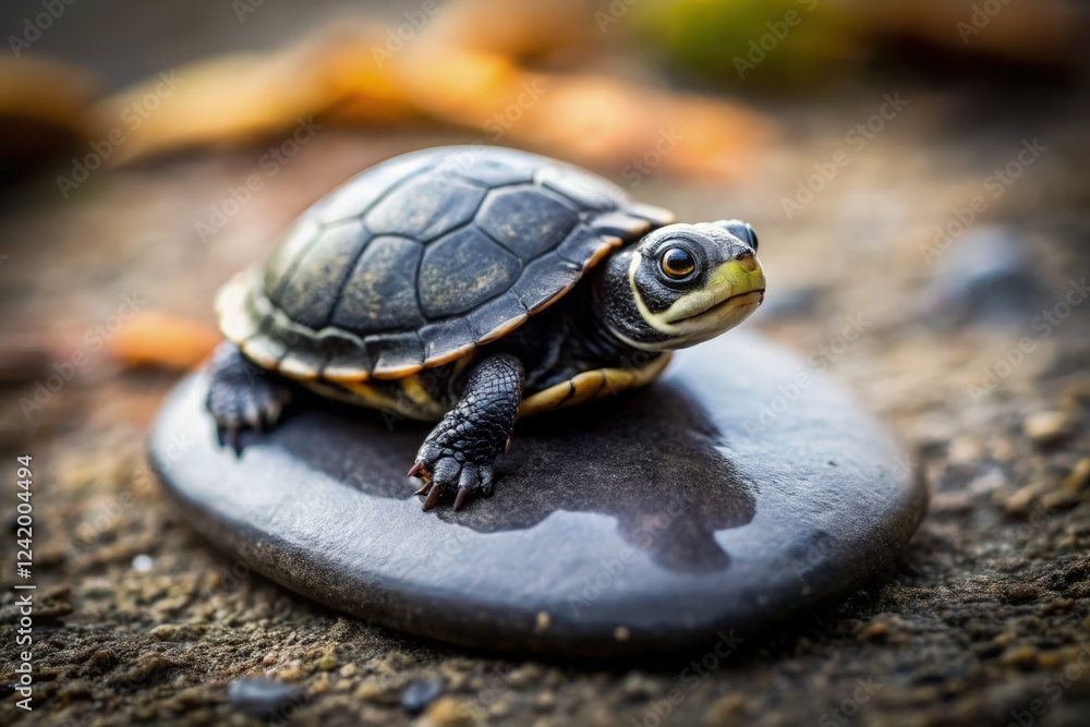 Baby Turtle Rests Gently on Smooth Stone Under Soft Sunlight. Generative AI Baby Turtle Rests Gently on Smooth Stone Under Soft Sunlight. Generative AI