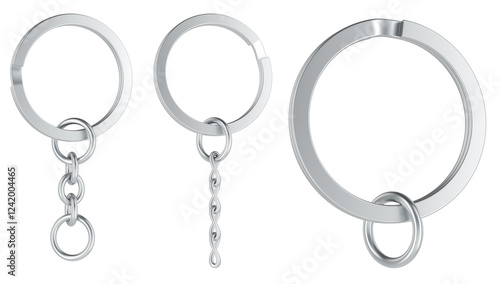 Split Keyrings with Chain Keychain Ring. Different types. 3D rendering isolated on transparent background