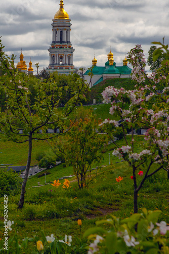 Kyiv city view flom park Slavy ( immortal glory) with tulips flowerbed. photo