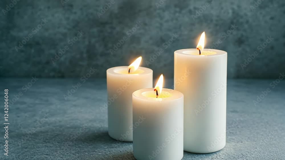 Three glowing candles create a serene atmosphere in a modern room setting perfect for relaxation Three glowing candles create a serene atmosphere in a modern room setting perfect for relaxation