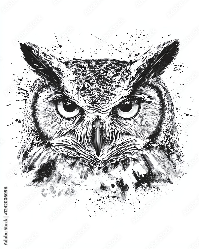 Obraz premium Black and white illustration of a owl head, wise eyes, stipple style, detailed feathers, nocturnal essence, textured shading, no watermark, no brand, no copyright