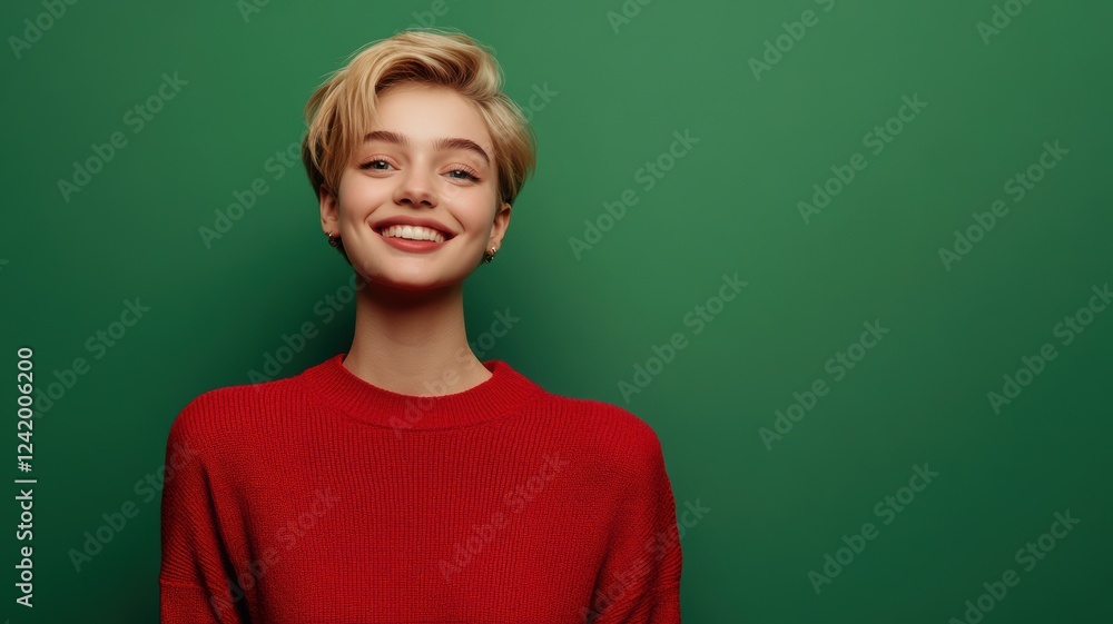 Cheerful young Slavic woman with short blonde hair in a bright red blouse standing against a solid green background Cheerful young Slavic woman with short blonde hair in a bright red blouse standing against a solid green background