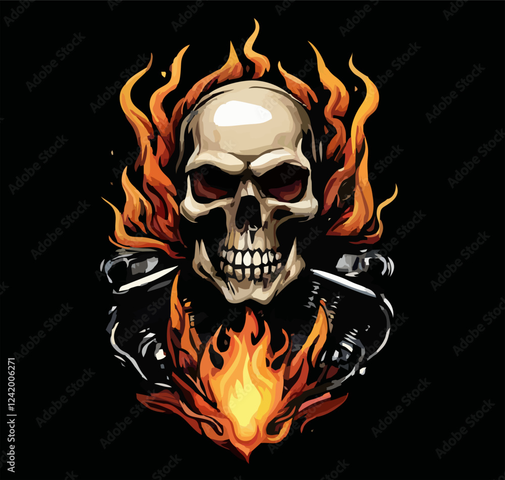 Fototapeta premium Biker vector t-shirt design with human skull and fire on black background. Fashionable print for fabric, paper, men clothing, hoodie, biker jacket. T shirt template with flame.
