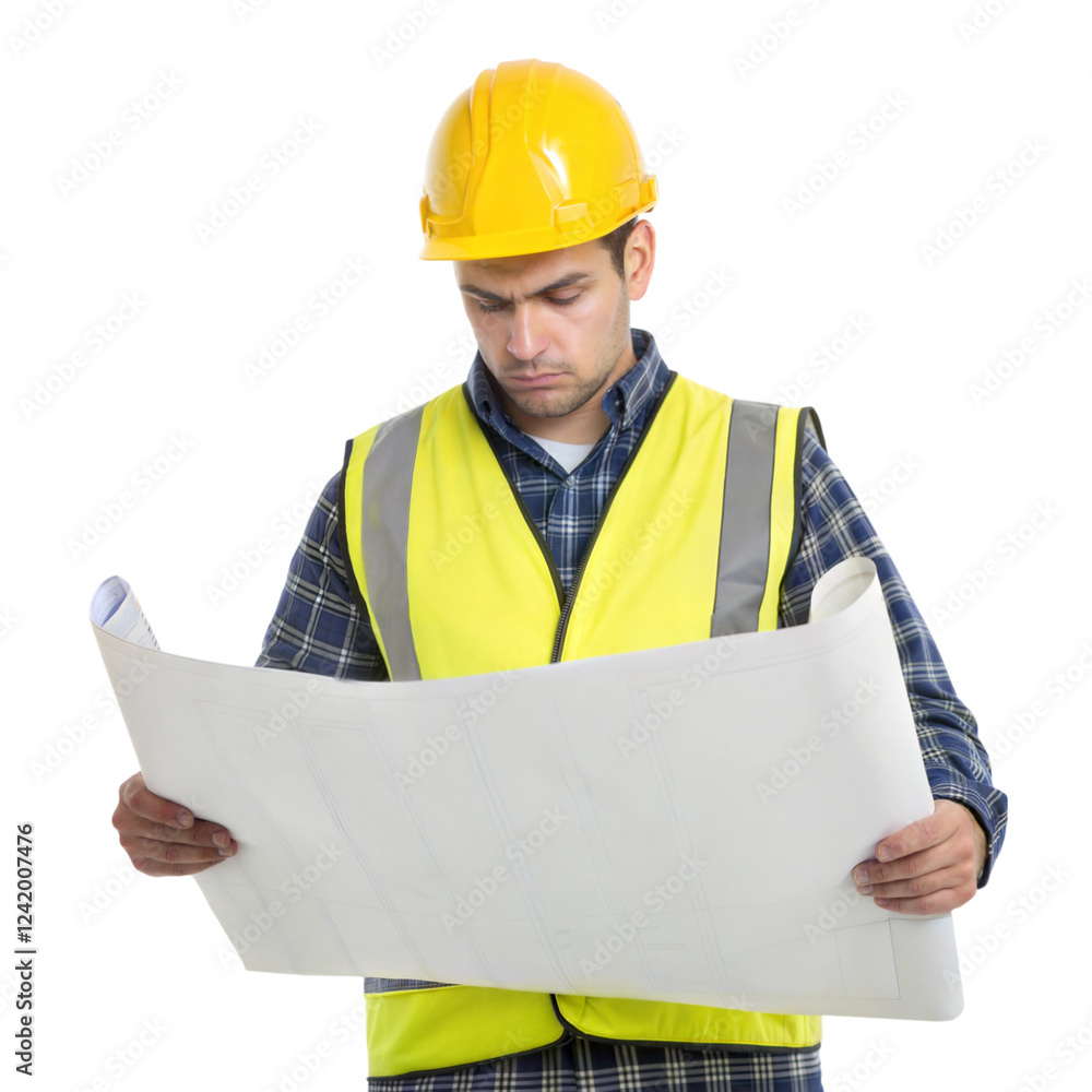 Construction worker reviewing blueprints construction site photography daylight close-up safety, isolated on white or transparent background Construction worker reviewing blueprints construction site photography daylight close-up safety, isolated on white or transparent background