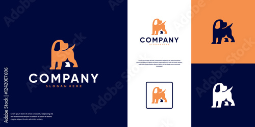 cute dog logo with tail hanging up , health , adoption , friendship , design template illustration.