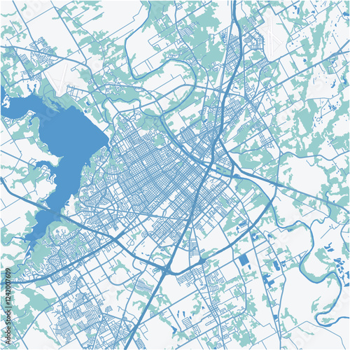 Map of Waco in Texas in a professional blue style. Contains layered vector with roads water, parks, etc.