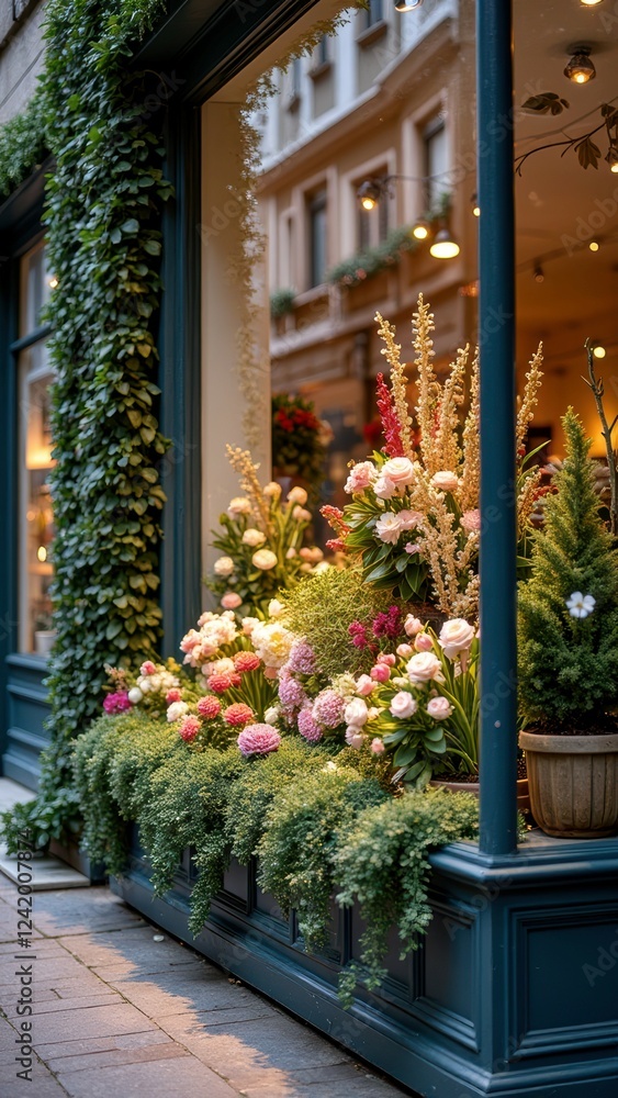 Fototapeta premium Charming floral display in urban shopfront with lush greenery