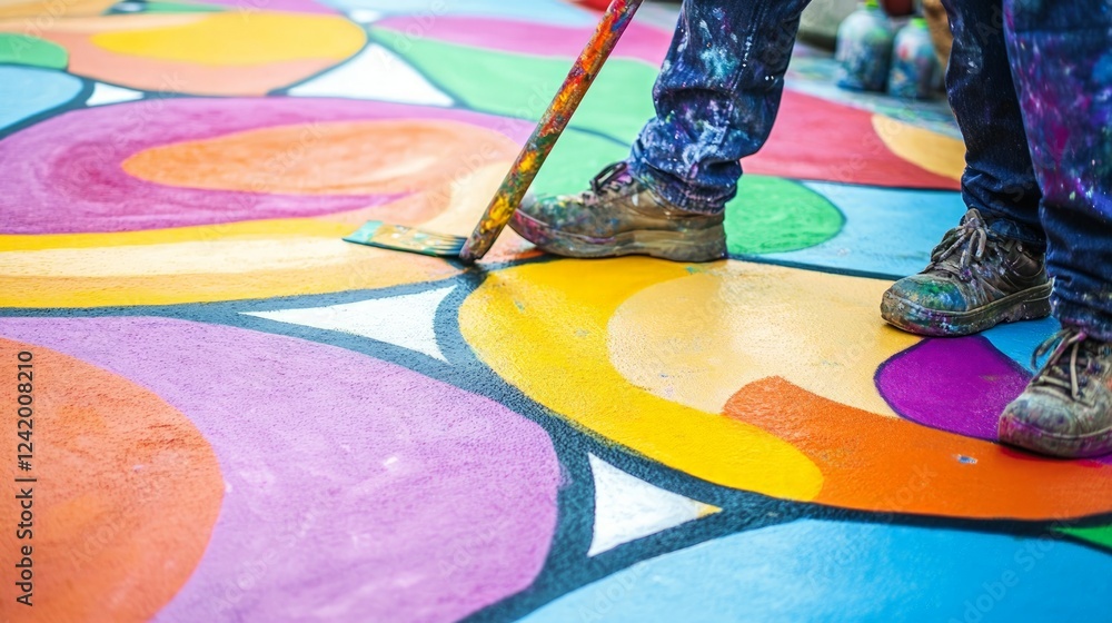 Fototapeta premium Vivid Hands Painting Colorful Mural on Bright Floor Surface