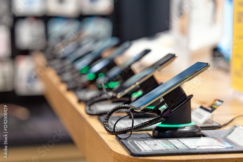 Showcase with smartphones in the modern electronics store. Buy a mobile phone. Many smartphones on the shelf of the technology store