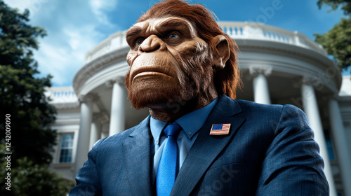 Politician in blue business suit and face of a caveman photo