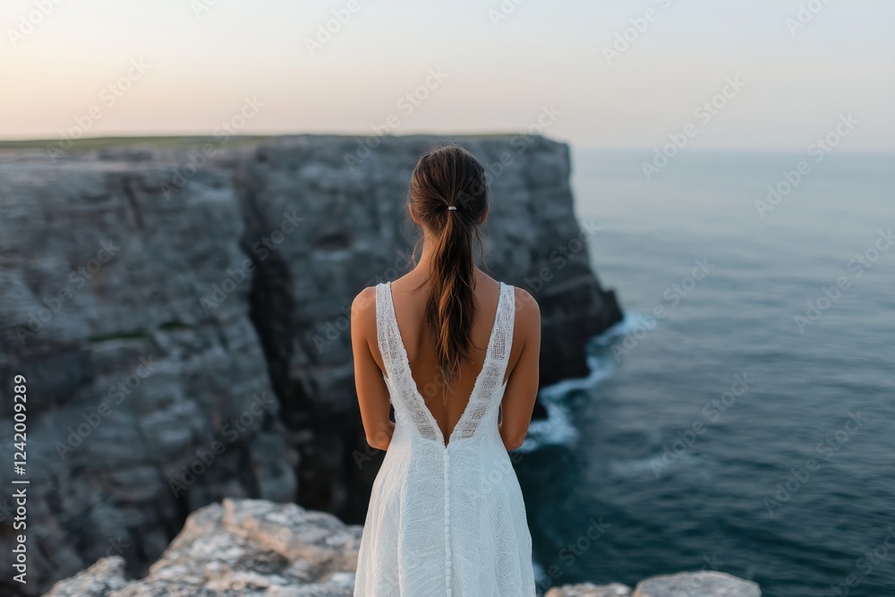 A woman gazes thoughtfully towards the vast ocean from a dramatic cliff edge, capturing a moment of reflection amidst nature's serene beauty and powerful landscape. A woman gazes thoughtfully towards the vast ocean from a dramatic cliff edge, capturing a moment of reflection amidst nature's serene beauty and powerful landscape.