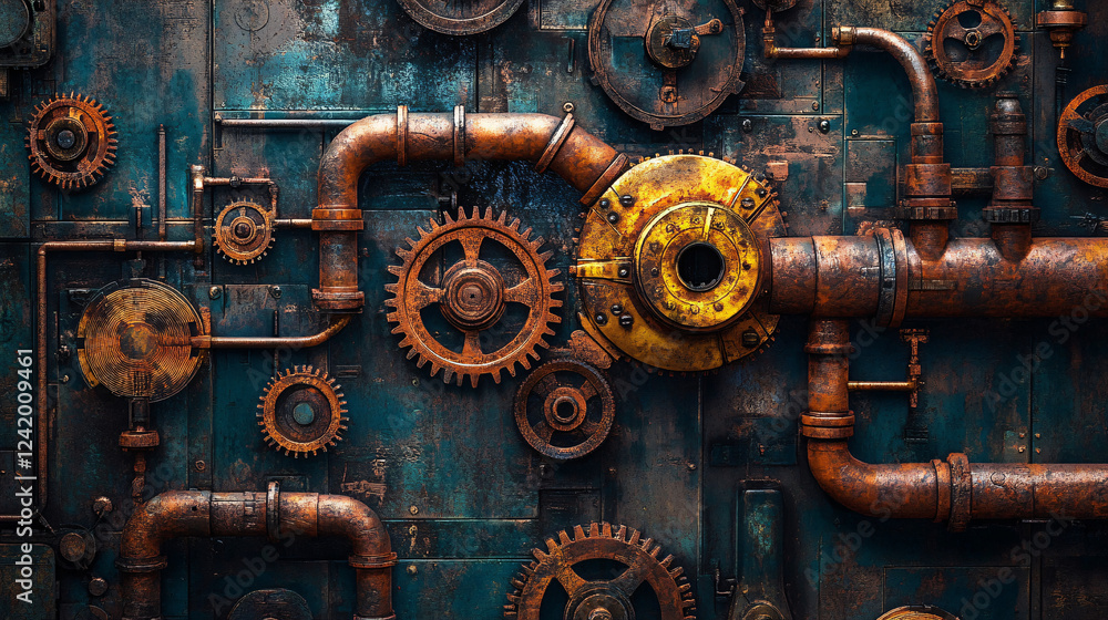 rusted steampunk gears and pipes intricately connected on an aged industrial metal wall with a vintage mechanical aesthetic
rusted steampunk gears and pipes intricately connected on an aged industrial metal wall with a vintage mechanical aesthetic