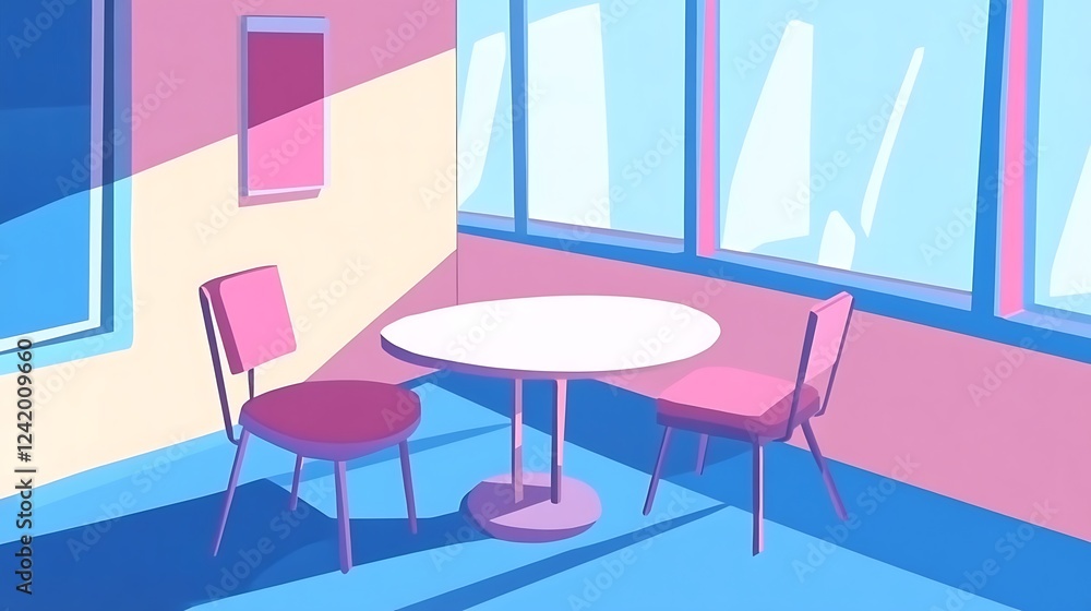Fototapeta premium Sunny cafe, two chairs, table, city view
