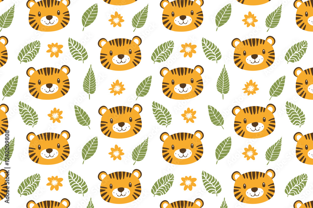 Obraz premium Cute tiger seamless pattern background illustration