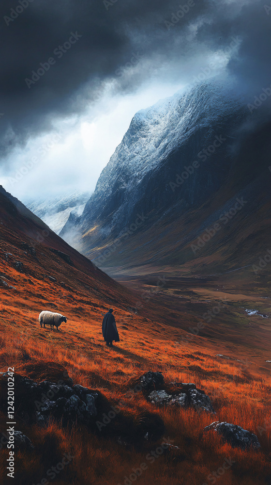 Fototapeta premium Shepherd grazing sheep open grassland mountain valley blue sky clouds scenic rural pastoral nature lush green hills golden meadow serenity farm animal life,vast,wide,peak,warm,kid,book,wall,art,zen