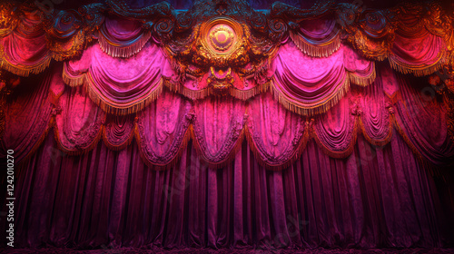 Red velvet stage or theater curtain, intricate design