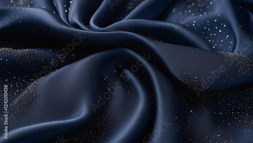 Navy blue silk fabric with embedded microcrystals that shimmer like a starry night sky. photo