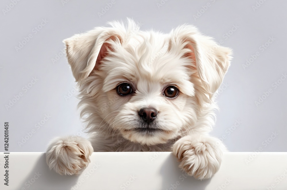 Cute adorable domestic curious pet dog animal puppy with its paws peeking over a white surface, photorealistic illustration on isolated background texture design.
Cute adorable domestic curious pet dog animal puppy with its paws peeking over a white surface, photorealistic illustration on isolated background texture design.