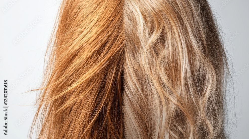 Naklejka premium Comparison of damaged dull hair versus shiny healthy hair strands showing the difference in texture and appearance. Generative AI