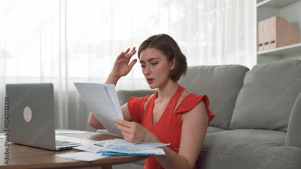 Stressed young woman has financial problems with credit card debt to pay prim from bad personal money and mortgage pay management crisis. Woman worry about financial bankruptcy risk from over spending Stressed young woman has financial problems with credit card debt to pay prim from bad personal money and mortgage pay management crisis. Woman worry about financial bankruptcy risk from over spending
