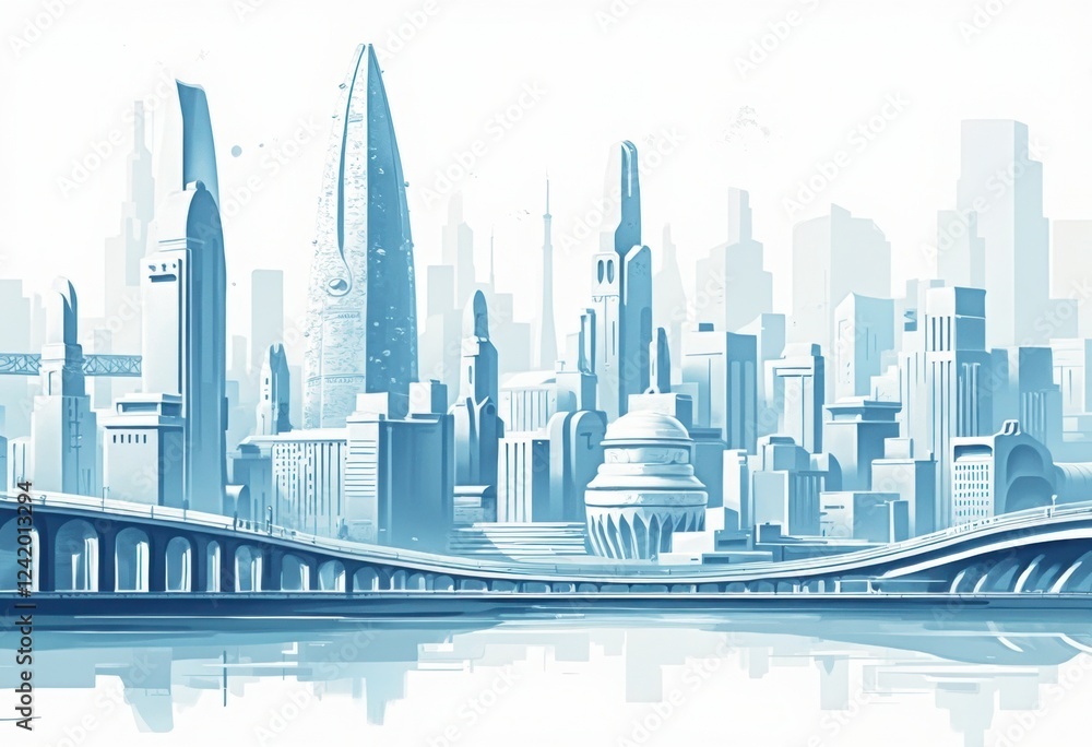 Fototapeta premium Muted Blue Tone Cityscape with Geometric Shapes and Abstract Background