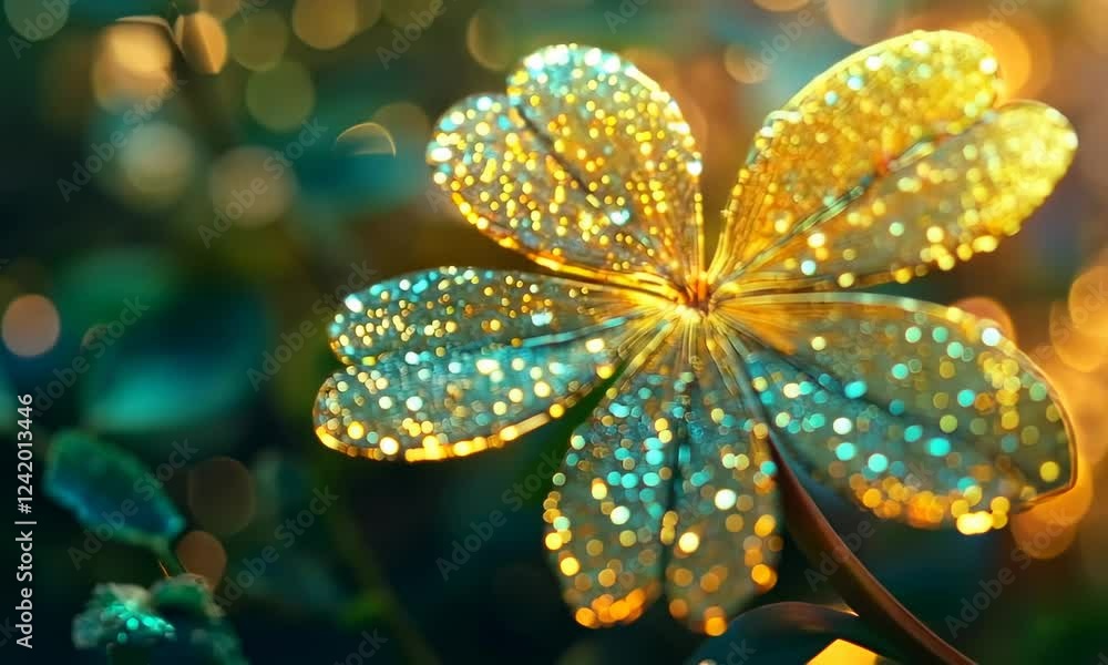 A dewy flower glows brightly amidst a blurred green background. A dewy flower glows brightly amidst a blurred green background.