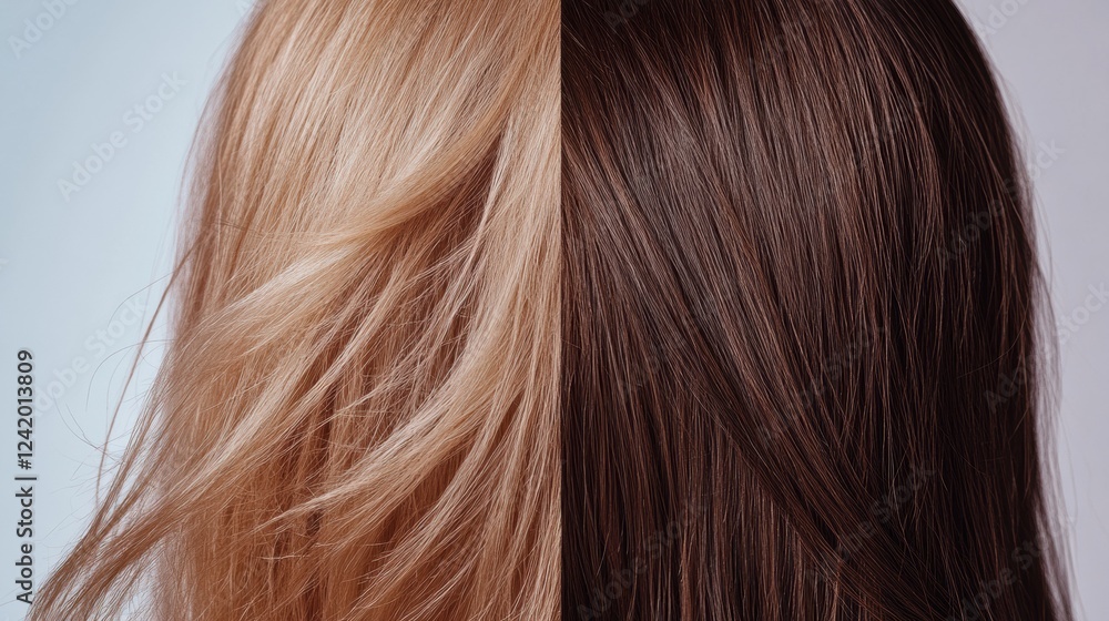 Comparison of damaged dull hair and shiny healthy hair strands for better hair care understanding. Generative AI Comparison of damaged dull hair and shiny healthy hair strands for better hair care understanding. Generative AI