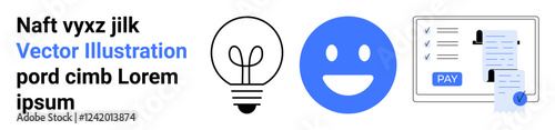 Lightbulb for creativity, smiling face for positive emotions, and digital form with a payment symbol. Ideal for innovation, happiness, finances, productivity, commerce, online systems abstract line