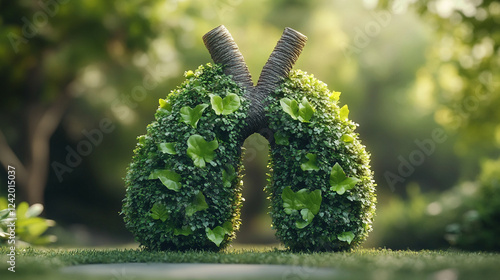 A conceptual image of lungs formed by intertwined branches, green leaves, and trees, symbolizing nature, growth, and breath. The blurred background emphasizes the symbolism of vitality and renewal. photo