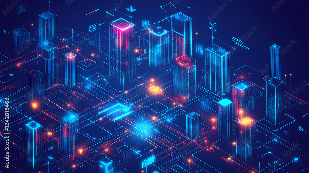 Obraz premium A futuristic smart digital city concept. business concept for smart cities and technology. futuristic holographic cities. illustration. Futuristic Cities. Illustration