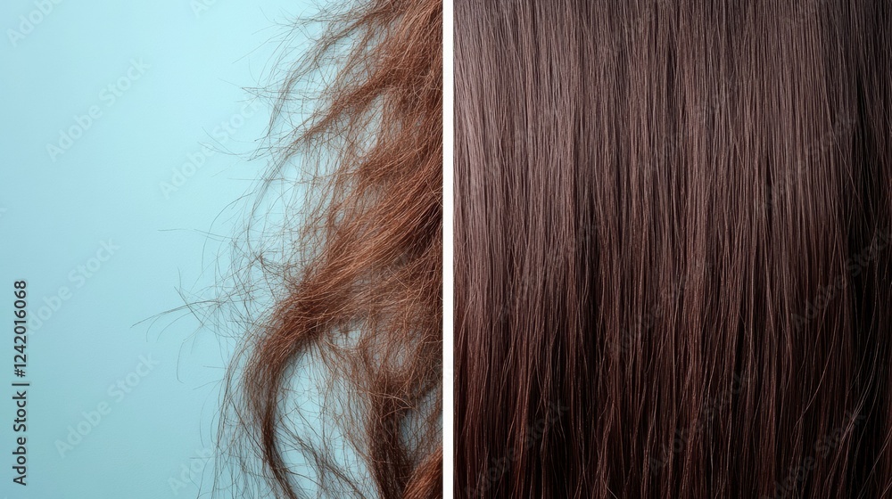 Comparison of damaged dull hair versus shiny healthy hair strands under bright light. Generative AI Comparison of damaged dull hair versus shiny healthy hair strands under bright light. Generative AI