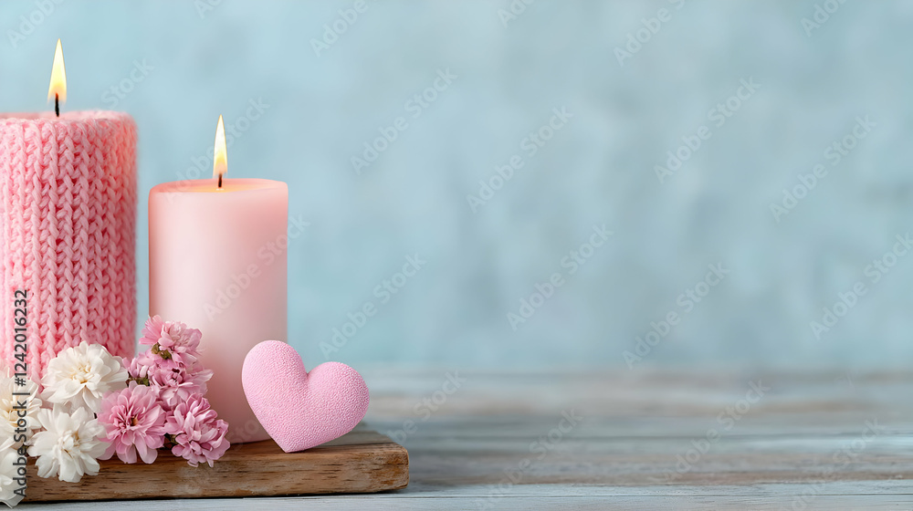 Pink candles, flowers, heart on wood, pastel background; romantic decor Pink candles, flowers, heart on wood, pastel background; romantic decor