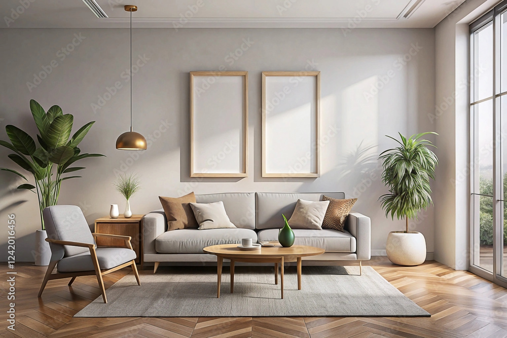 Fototapeta premium Modern living room interior design mockup, sunlight, hardwood floor, plants