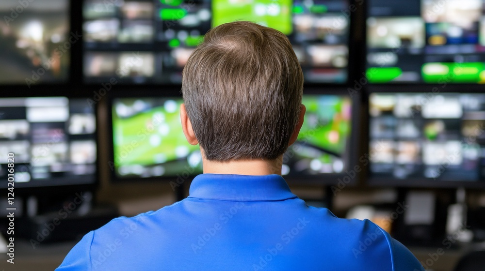 Security guard monitors screens, control room, surveillance Security guard monitors screens, control room, surveillance