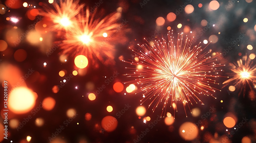 Obraz premium A vibrant display of fireworks bursting in the night sky with colorful bokeh effects.