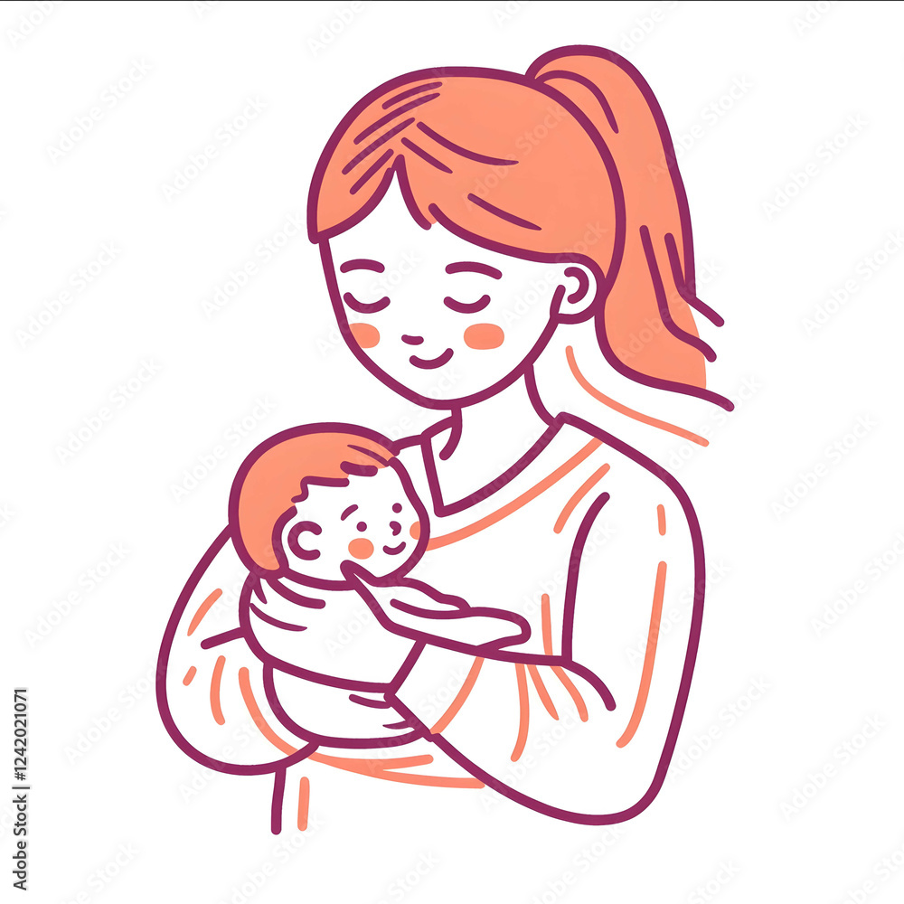A Japanese female babysitter is holding a baby 2D Icon illustration drawn with only lines pinkorange line white background A Japanese female babysitter is holding a baby 2D Icon illustration drawn with only lines pinkorange line white background