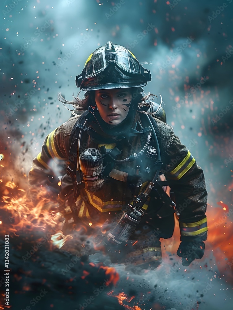 Fototapeta premium Firefighter Bravery woman fights through Fire and Smokes Emergency Action