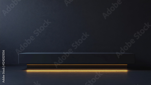 A sleek, black minimalist podium designed for product displays, presented against a dark background in a 3D-rendered composition