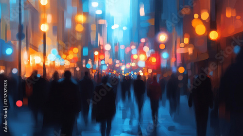 Vibrant city street at night illuminated by neon blue and orange bokeh lights, capturing the energy and movement of an urban nightlife scene