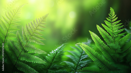 Fresh Matteuccia struthiopteris, also known as Ostrich fern, displaying vibrant green fronds in spring with soft blurred background, symbolizing renewal, growth, and natural beauty.

 photo