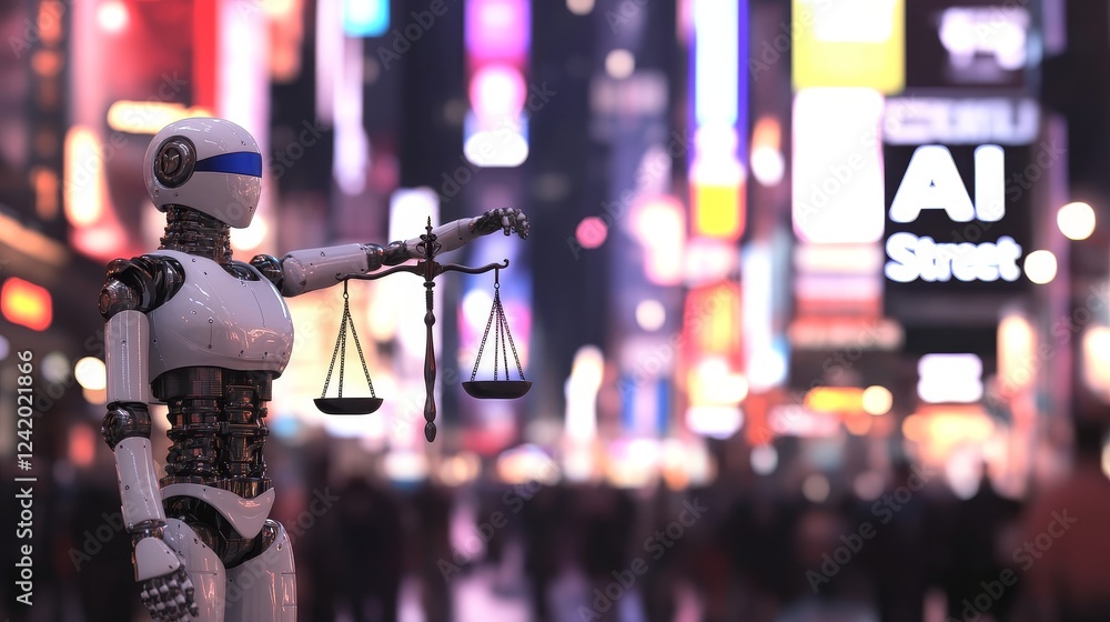 A humanoid robot holds a scale of justice, illustrating the importance of stocks in legal and judicial matters. A humanoid robot holds a scale of justice, illustrating the importance of stocks in legal and judicial matters.