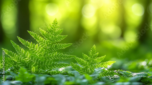 Fresh Matteuccia struthiopteris, also known as Ostrich fern, displaying vibrant green fronds in spring with soft blurred background, symbolizing renewal, growth, and natural beauty.

 photo