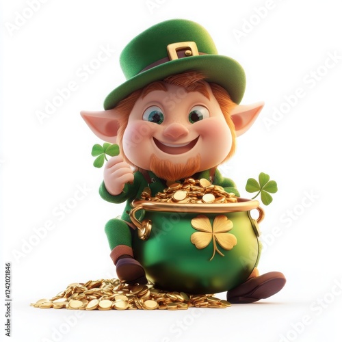 3d cartoon Illustration of leprechaun with pot full of gold isolated on white background. St Patrick`s Day. AI generated.