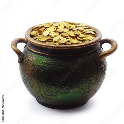 Close shot of leprechauns pot with gold isolated on white background. St Patrick`s Day. AI generated.