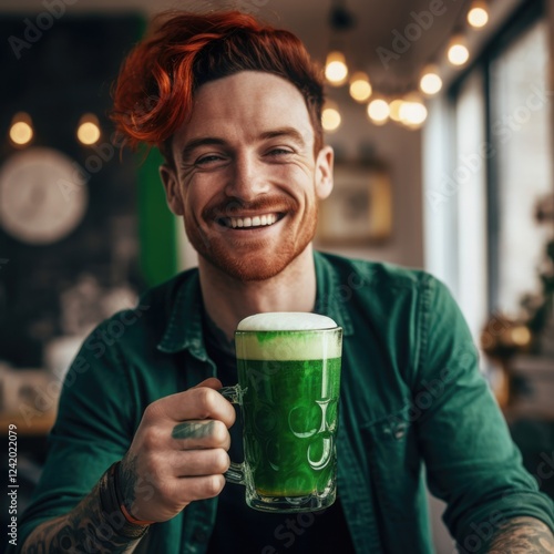 Photo of young man in green cloth celebrating St Patrick`s Day in pub. Guy drinks green beer and smiling. AI generated.