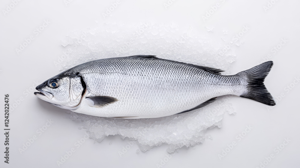 Obraz premium Whole barramundi fish displayed on ice at seafood market showcasing freshness and quality in soft diffused light