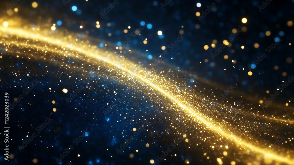 Naklejka premium A shimmering swirl of golden and blue particles, evoking a cosmic or magical atmosphere.