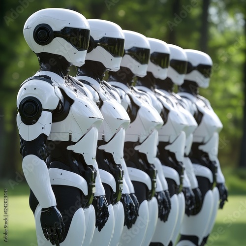 A group of white humanoid robots arranged in a line, with the initial robot clearly visible and the remainder slightly blurred behind it.