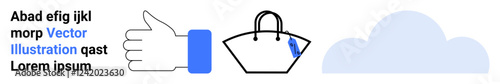 Thumbs-up hand gesture, blue-accented shopping bag, and a subtle light blue cloud. Ideal for shopping, feedback, online retail, e-commerce, approval, digital platforms flat landing page banner